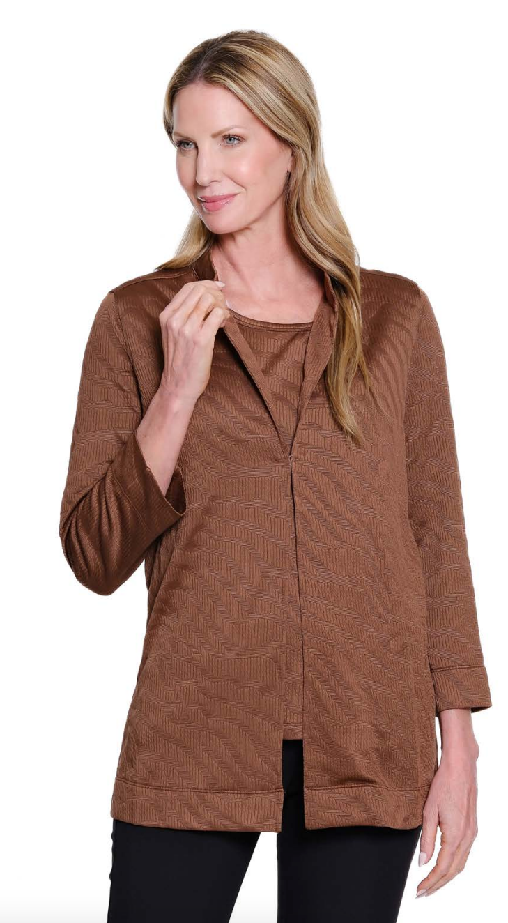 Chocolate 3/4 Stand Collar Open Front Sweater Set