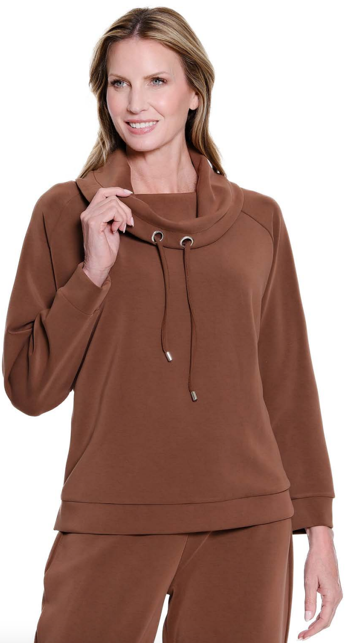 Chocolate Cuffed Long Sleeve Raglan Cowl Neck Drawstring Top (Set)