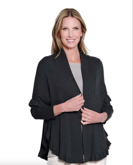 Heather Grey Ruffle Hem Shawl Collar Sweater
