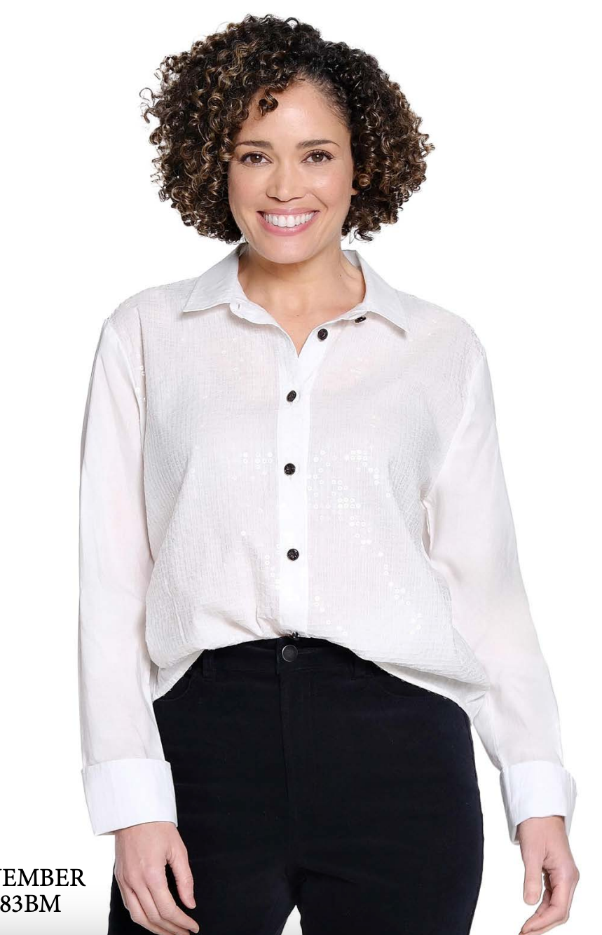 White Sequin Front Button Up Shirt