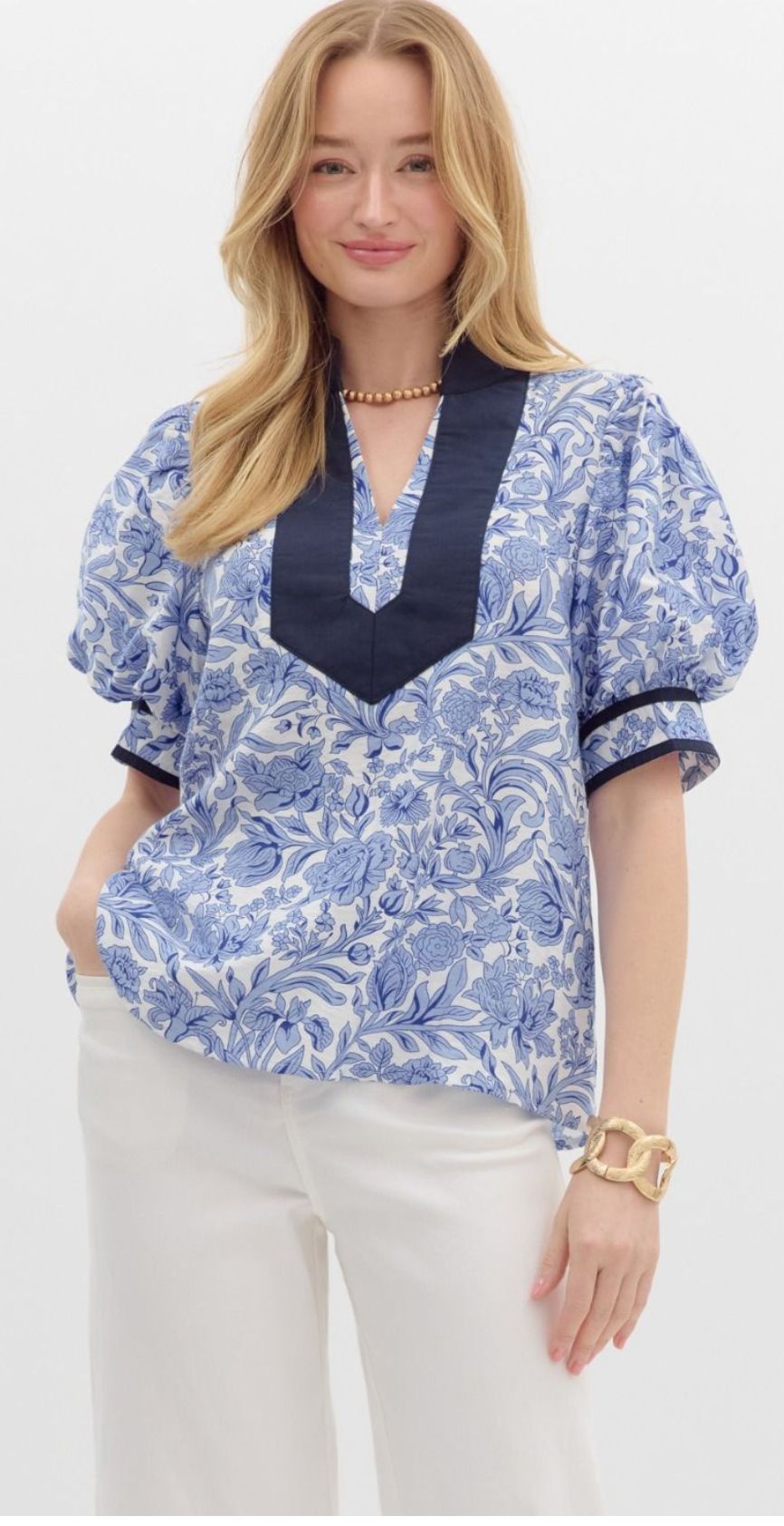FLORAL PRINT PUFF SLEEVE TOP - BLUE