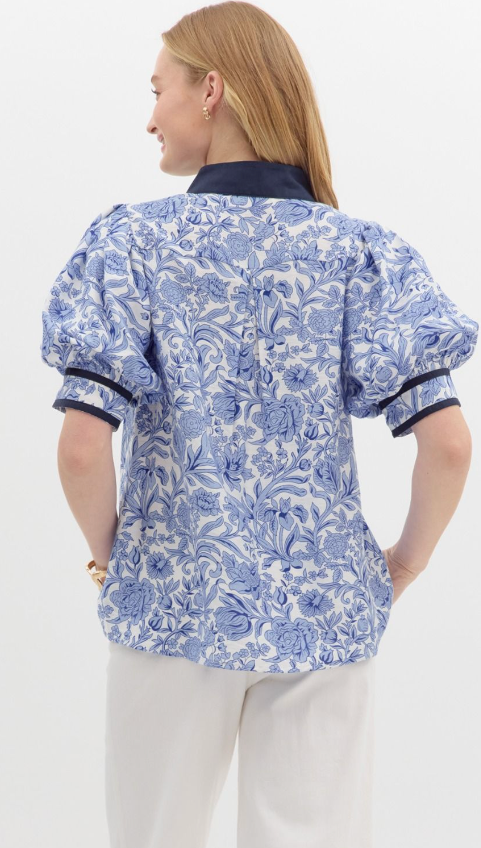 FLORAL PRINT PUFF SLEEVE TOP - BLUE