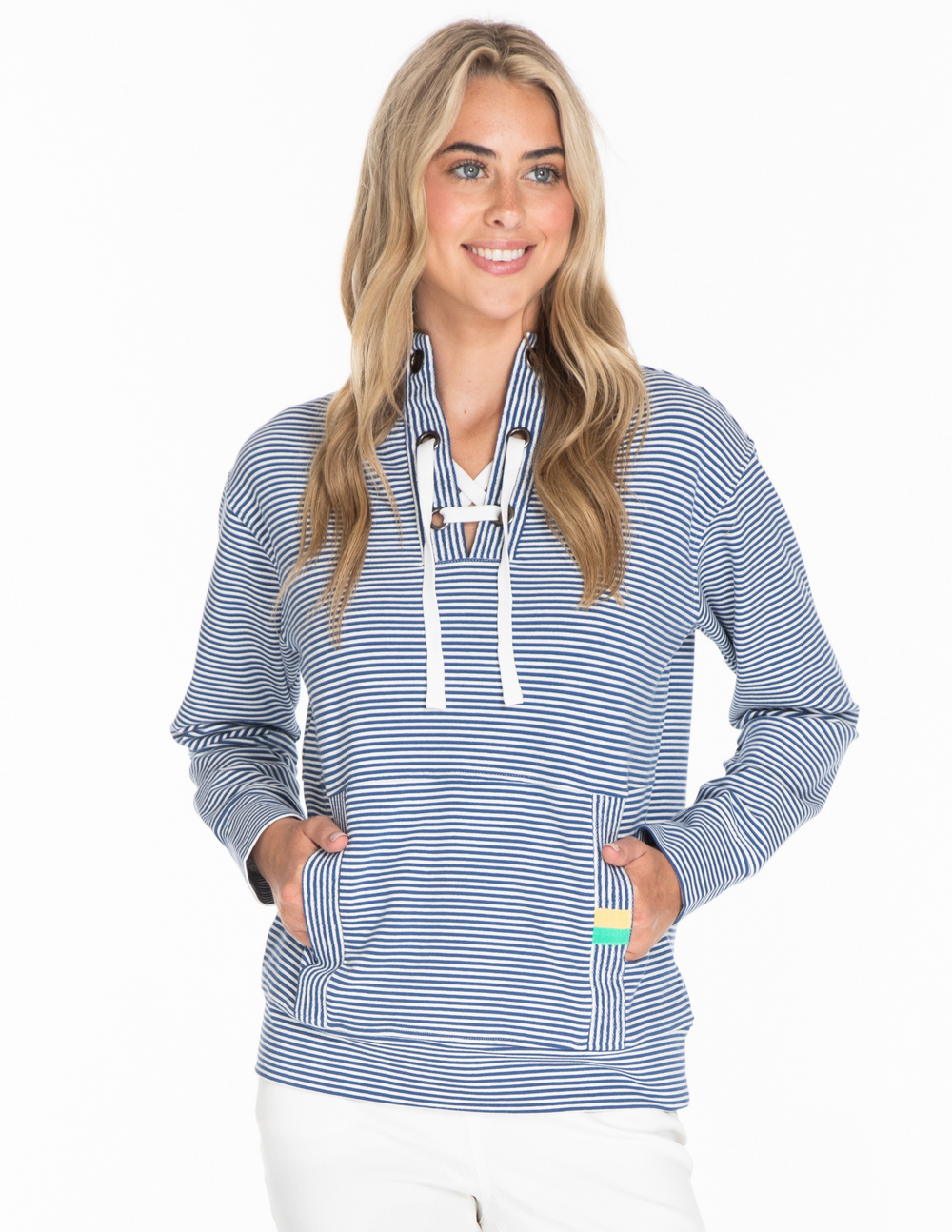 STRIPE LACE UP FRONT SWEATSHIRT - BLUE STRIPE