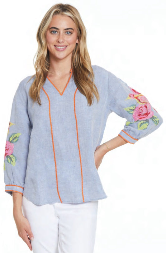 Multi Popover Top With Embroidered Sleeves