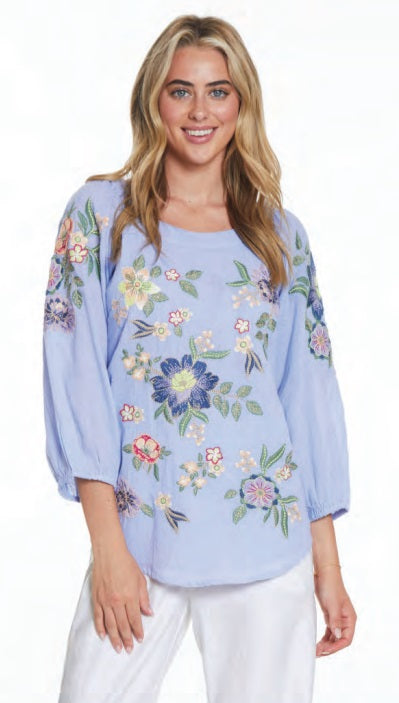 Blue Embroidered Peasant Top