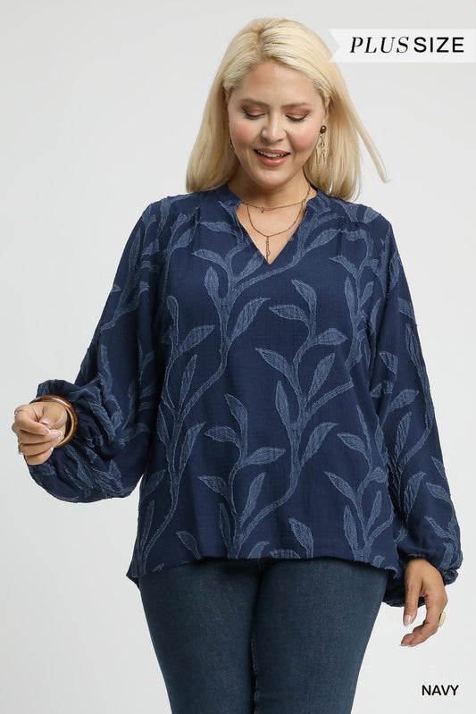Navy Textured Jacquard V-Neck Top