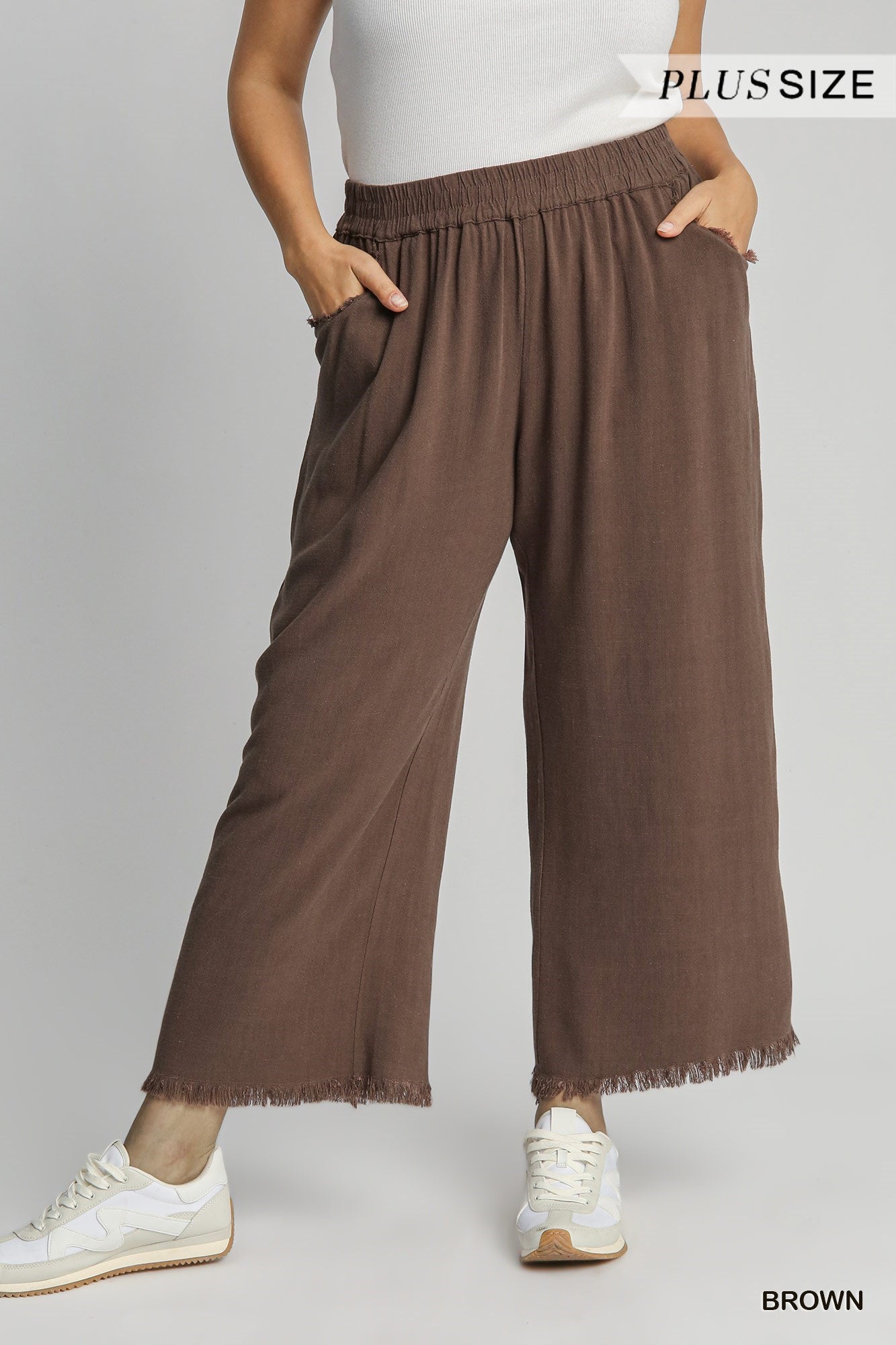 Brown Frayed Hem Wide-Leg Pants
