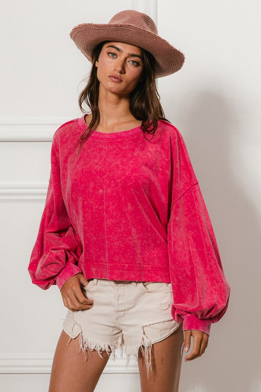 HOT PINK VINTAGE WASHED FRENCH TERRY TOP