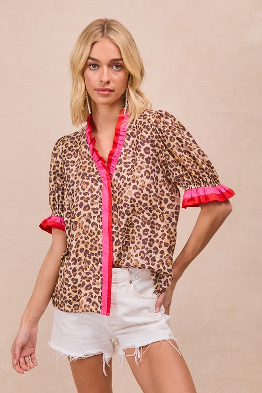 Leopard Printed Woven Contrast Edge Ruffled Blouse