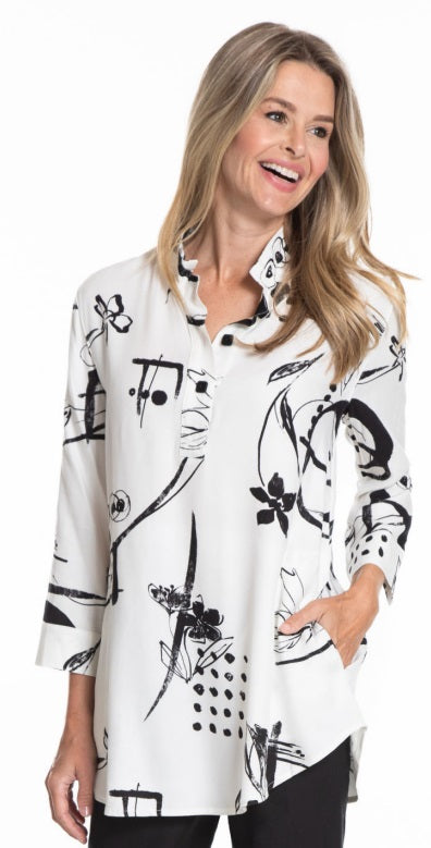 Black and White Floral Abstract Wire Collar Tunic