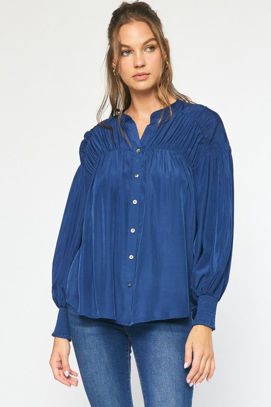 Midnight solid v-neck button up long sleeve top