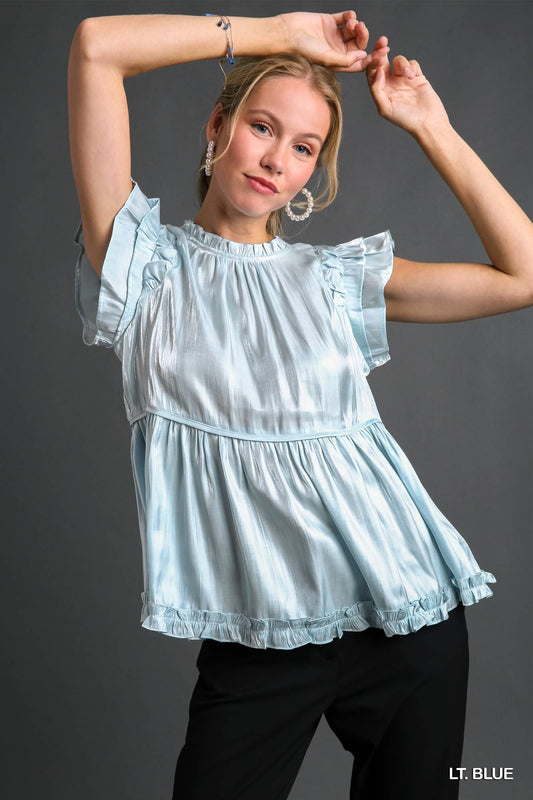 Light Blue Ruffle Satin Blouse