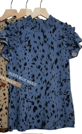 Blue High Smocked Neckline Leopard Woven Top