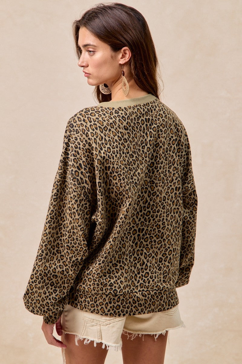 Leopard French Terry Color Block Top With Cut Edge