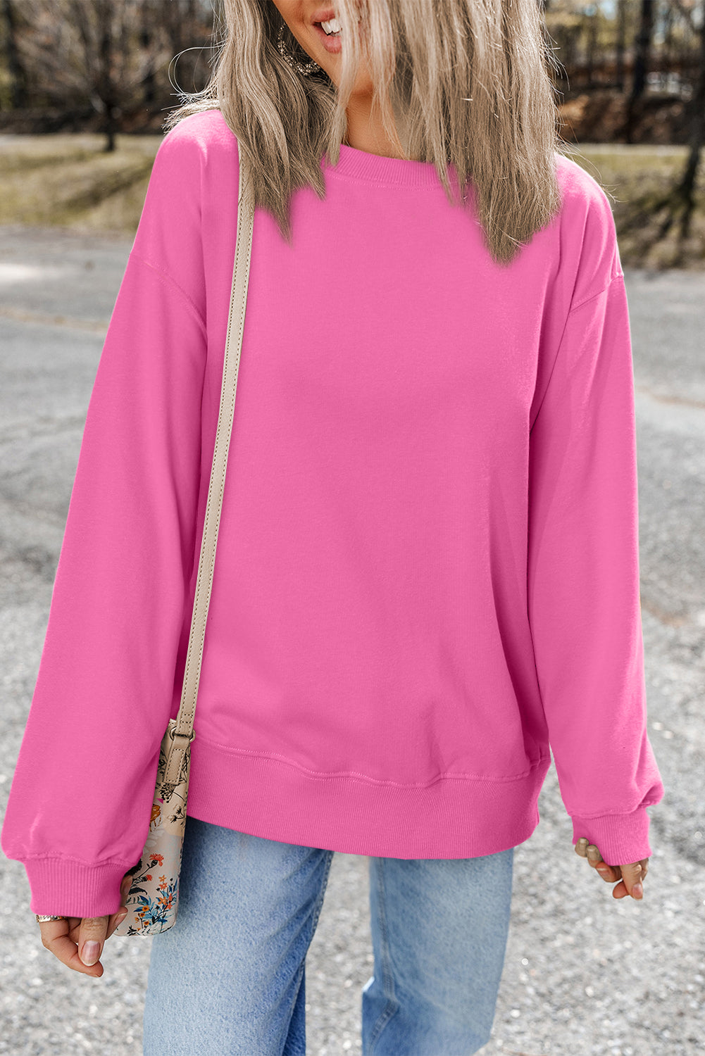 Pink Bonbon Plain Drop Shoulder Crewneck Pullover Sweatshirt