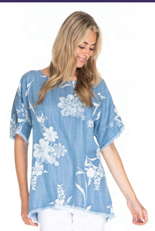 Chambray Lace Up Back  Floral Blouse