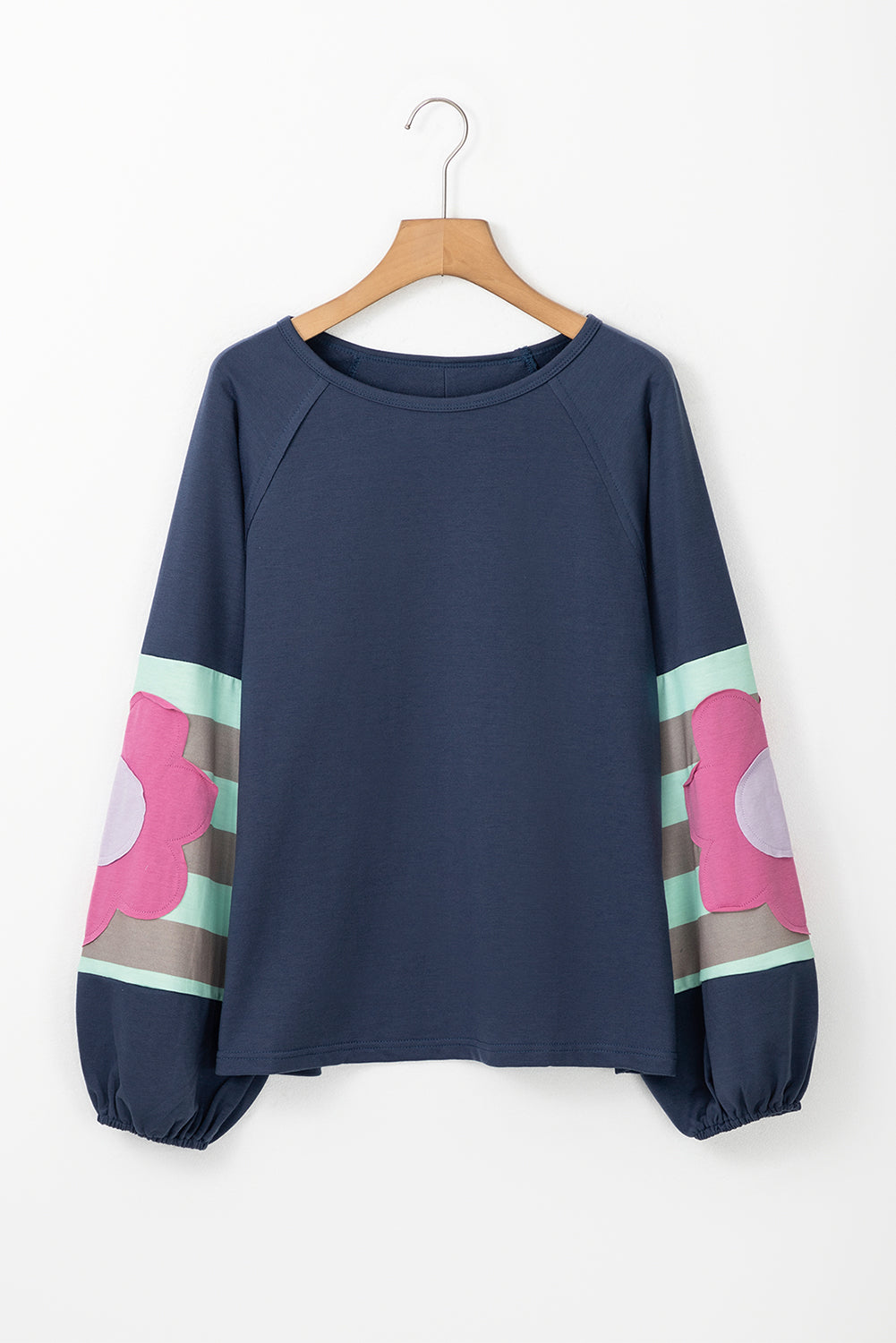 Sail Blue Flower Patchwork Raglan Sleeve Exposed Seam Oversized Top