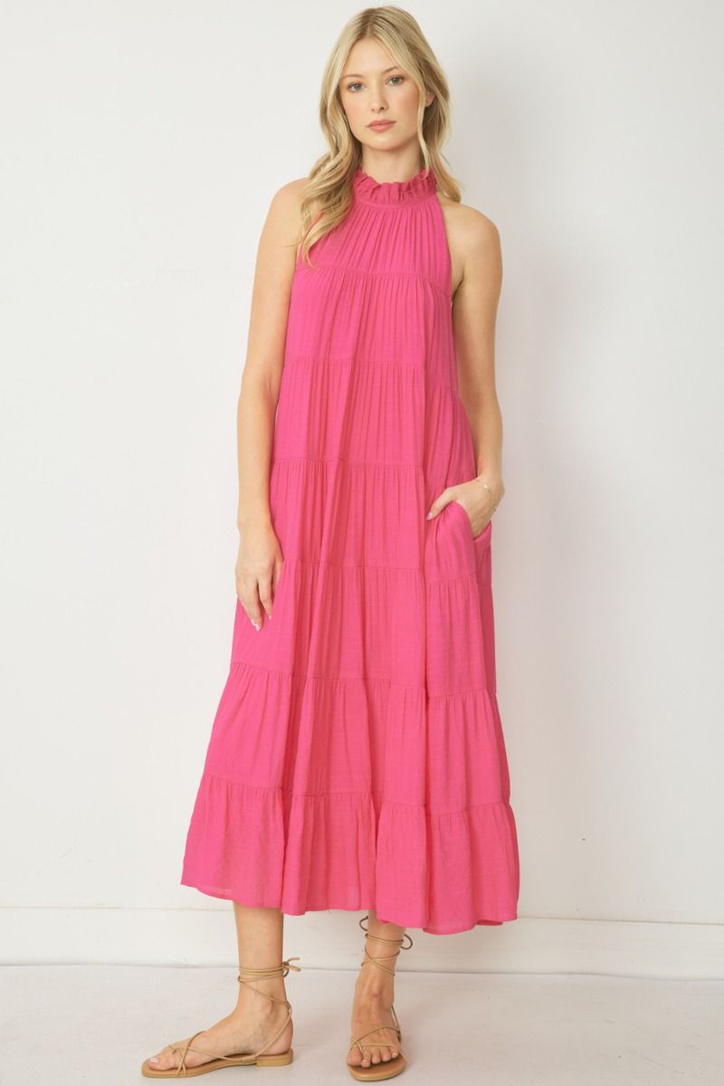 Pink solid mock neck sleeveless tiered maxi dress