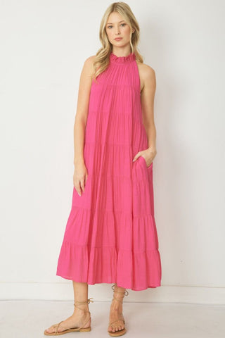 Pink solid mock neck sleeveless tiered maxi dress