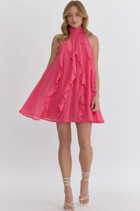 Pink solid halter neck sleeveless mini dress