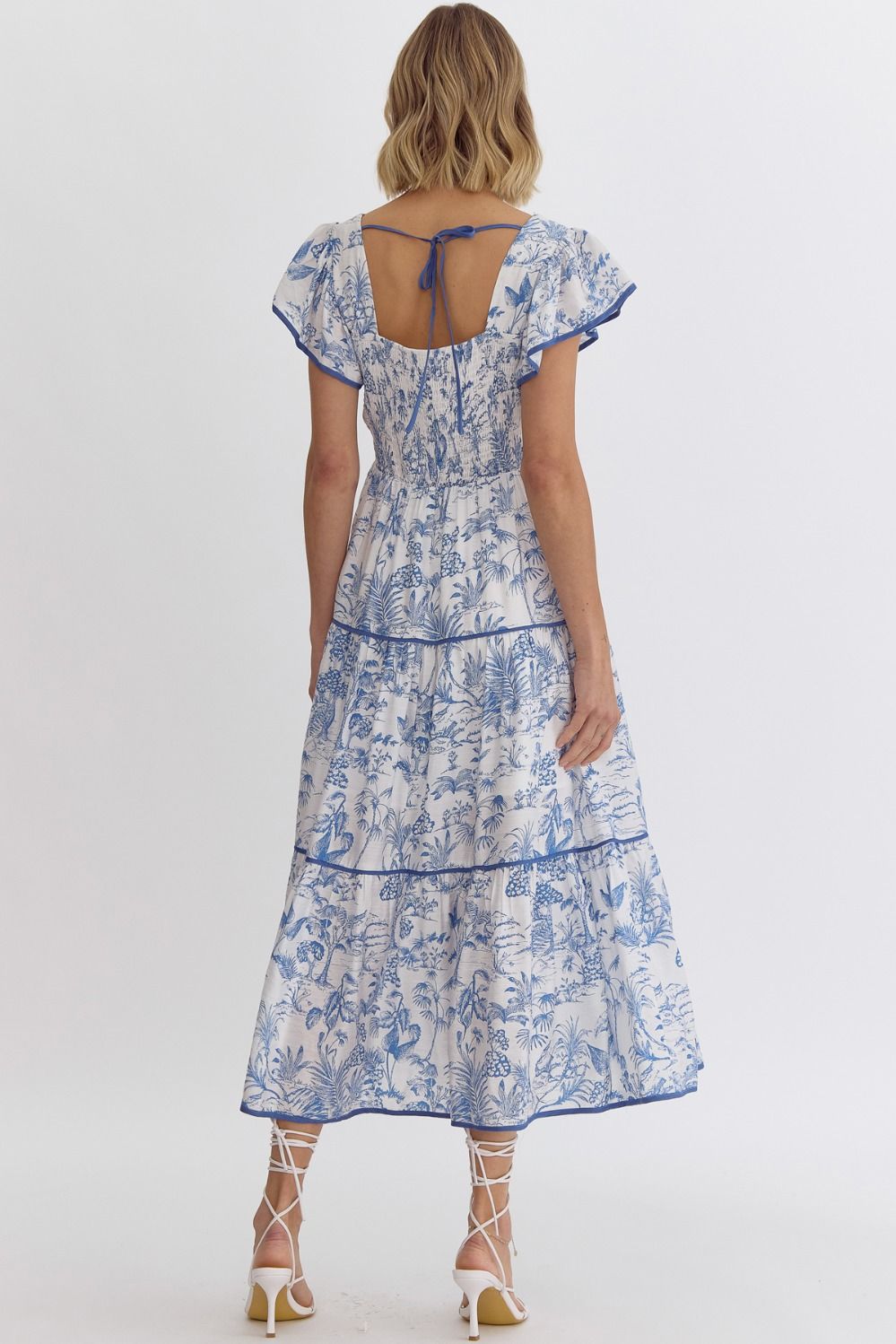 Blue printed square neck ruffle sleeve midi dress