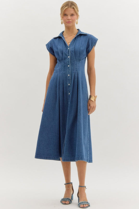 Denim collared v-neck front button closure midi dress