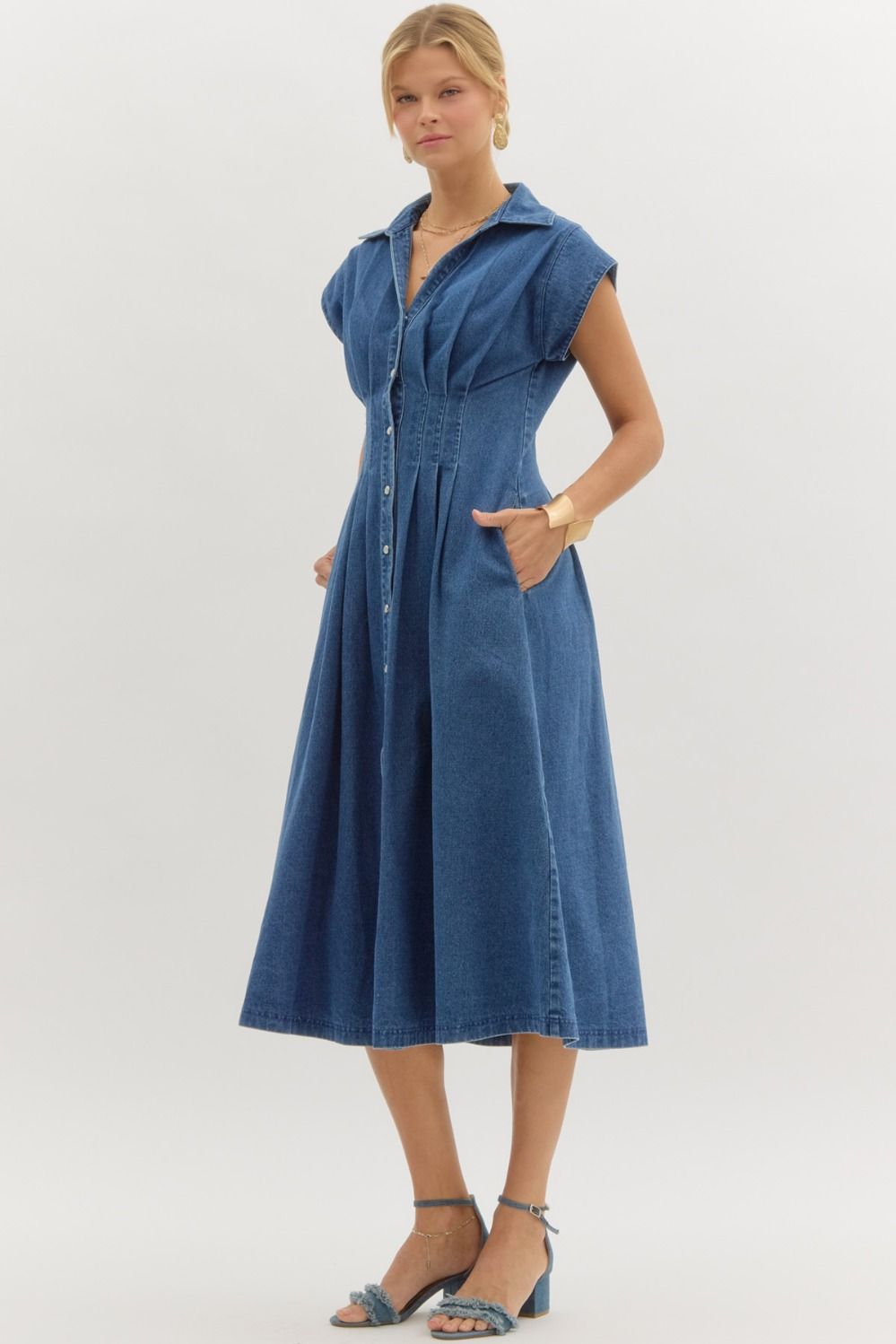 Denim collared v-neck front button closure midi dress