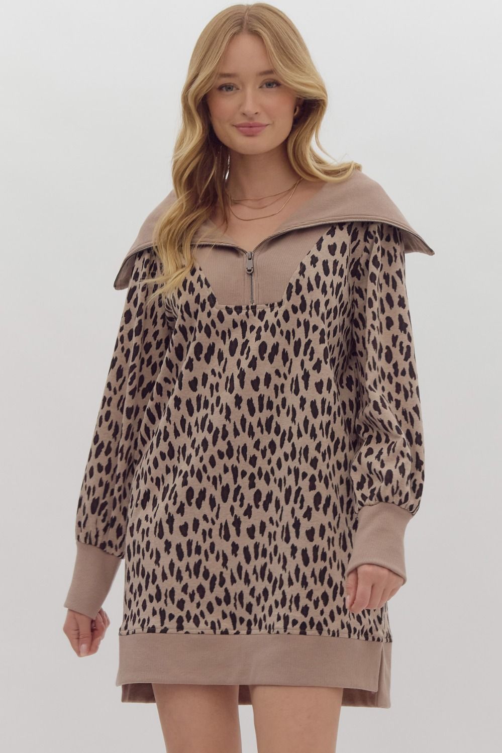 Leopard print long sleeve half-zip mini dress