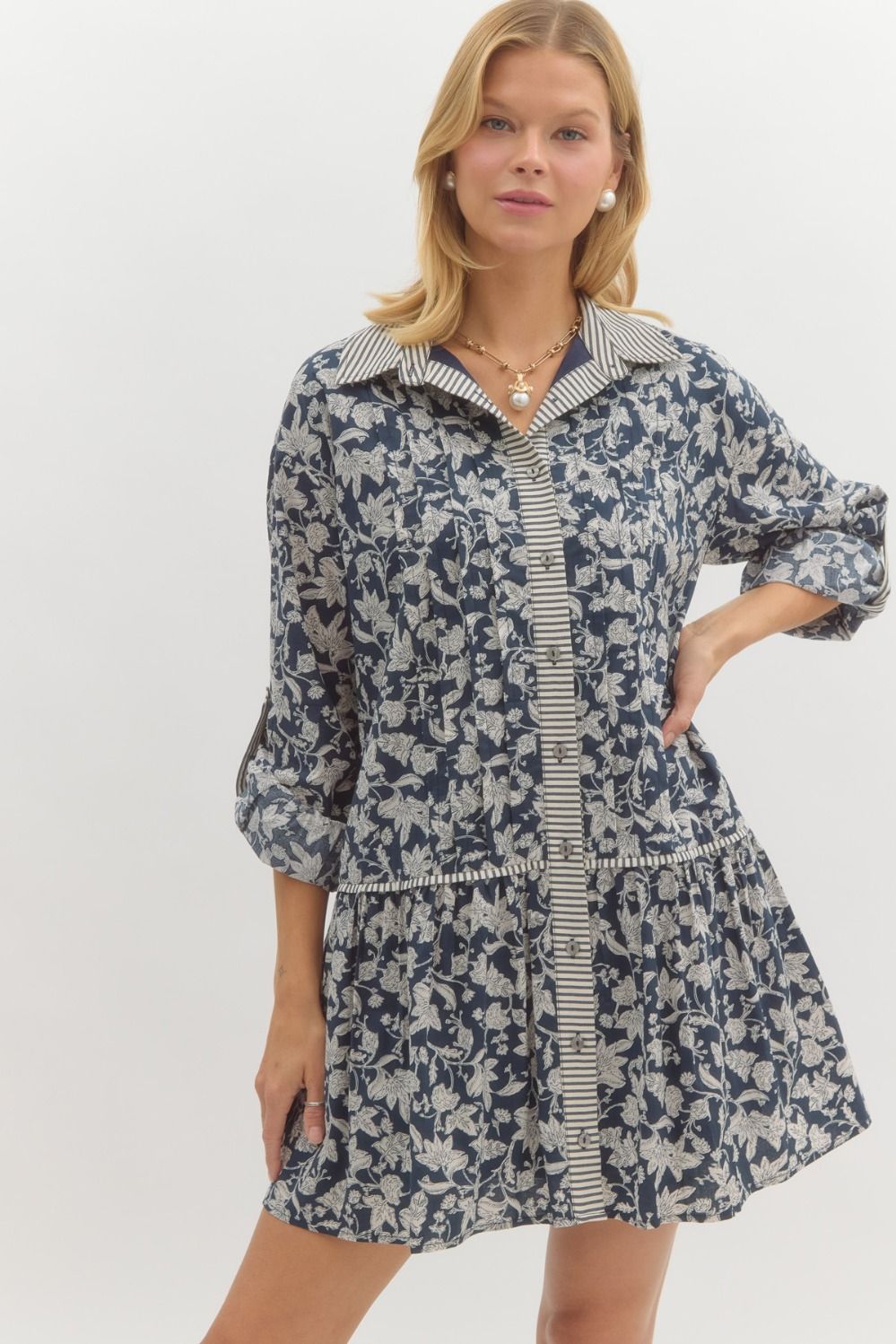 Navy Floral print long sleeve ruffle swing dress