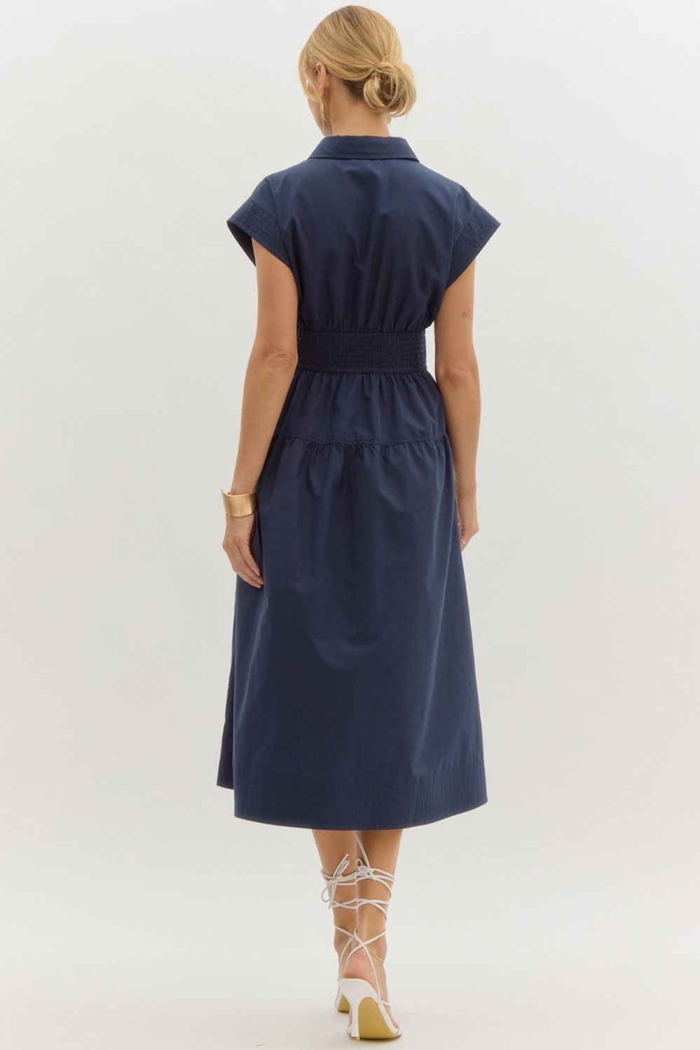 Navy Solid cap sleeve midi dress featuring smocked dress