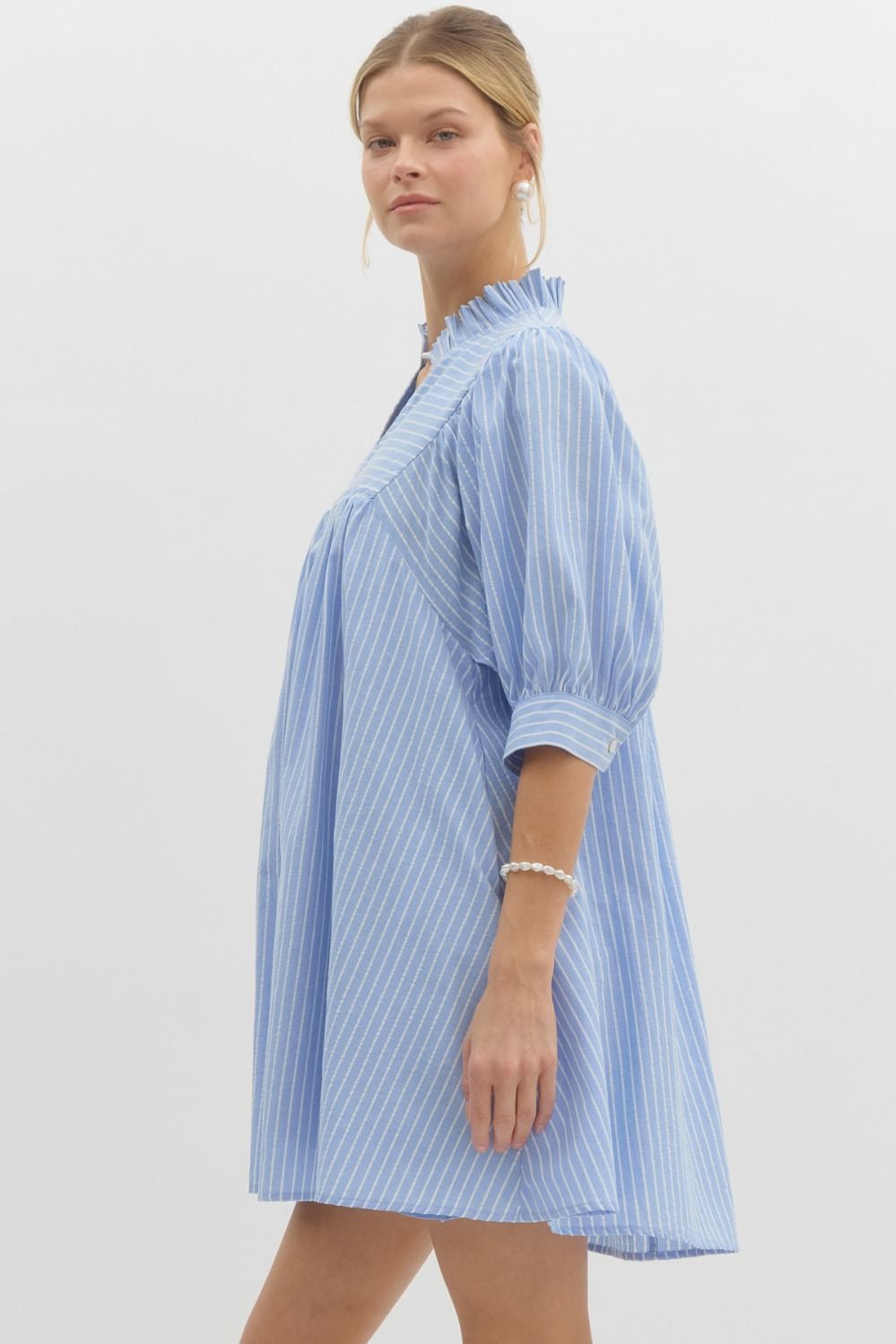 Blue Pinstripe v-neck button closure cuff ¾ puff sleeve mini dress