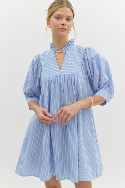 Blue Pinstripe v-neck button closure cuff ¾ puff sleeve mini dress