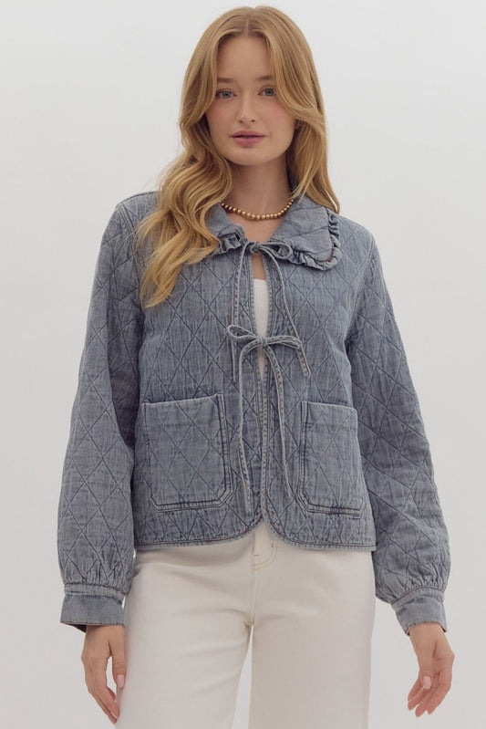 Quilted denim long sleeve collared jacket