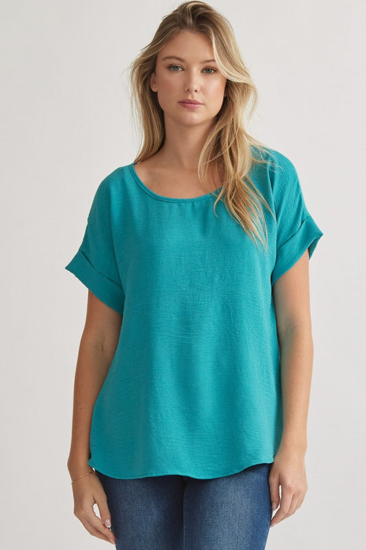 Turq Scoop-neck top featuring permanent rolled sleev