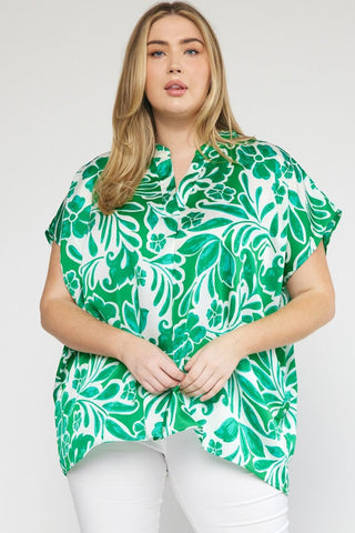 Green Floral print v-neck top
