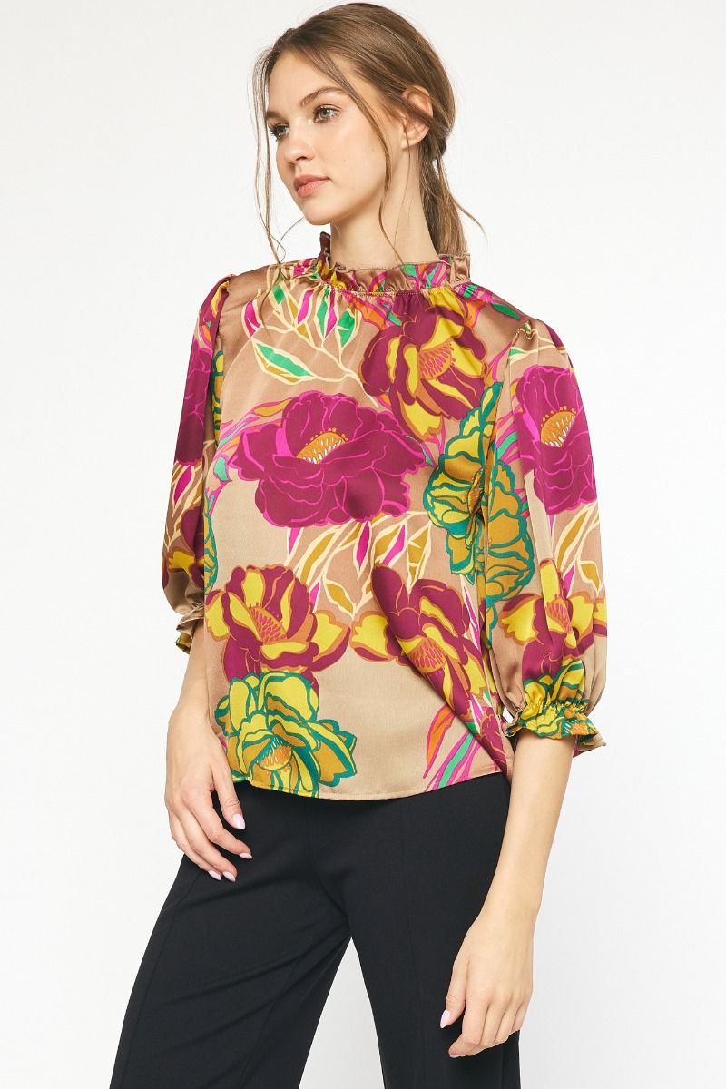 Mocha floral print half sleeve mock neck top