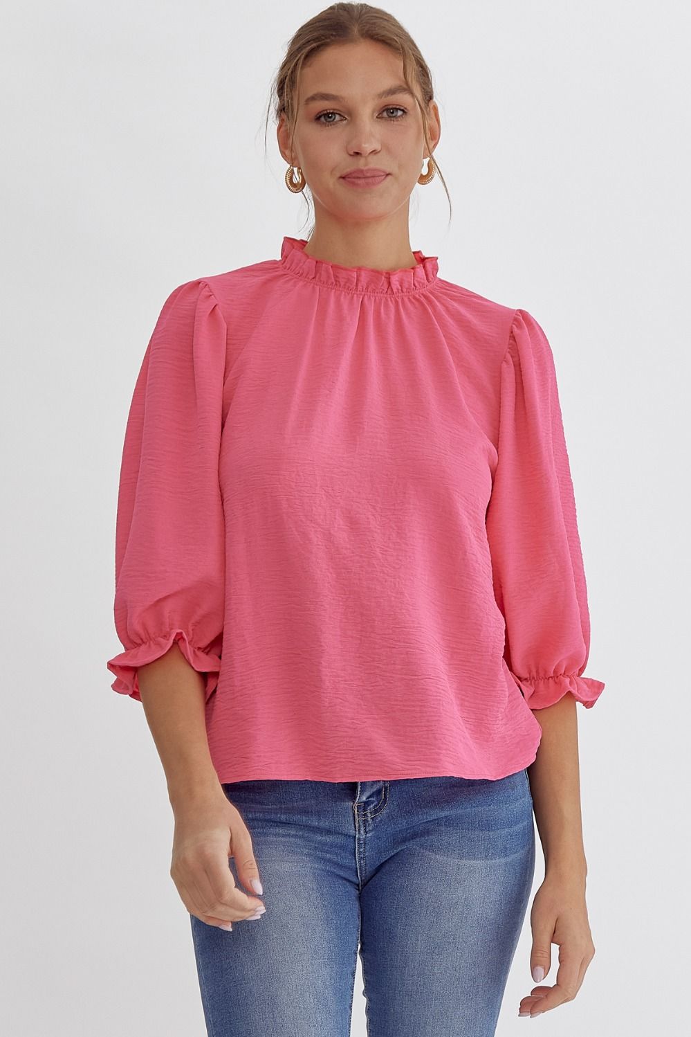 Pink solid half sleeve mock neck top