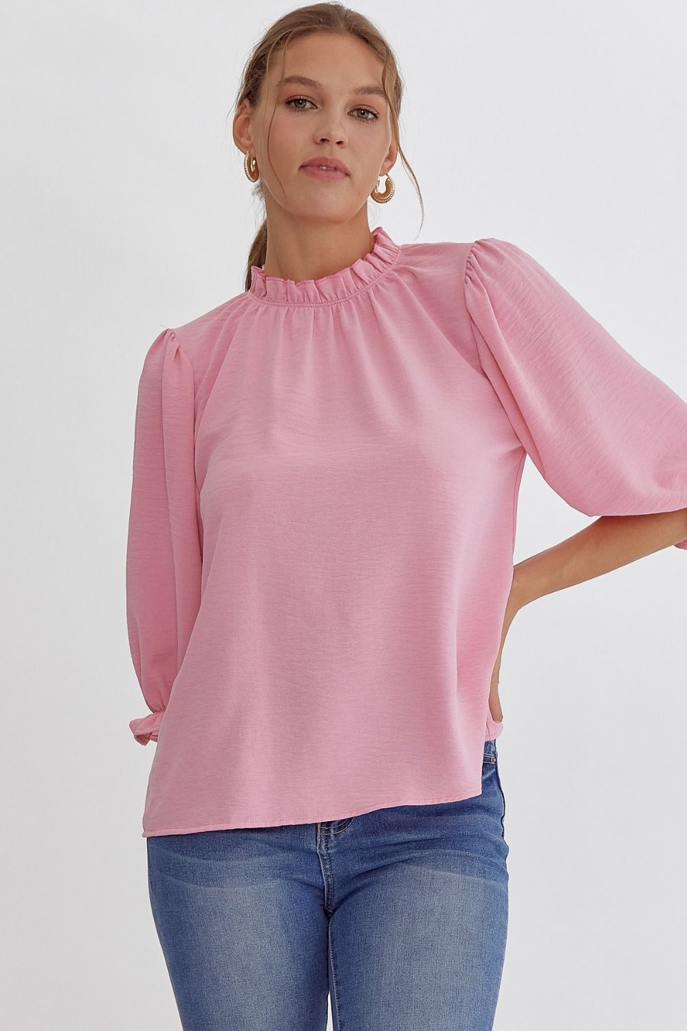 Pale Pink solid half sleeve mock neck top