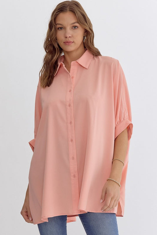 Peach solid collared dolman sleeve button up top