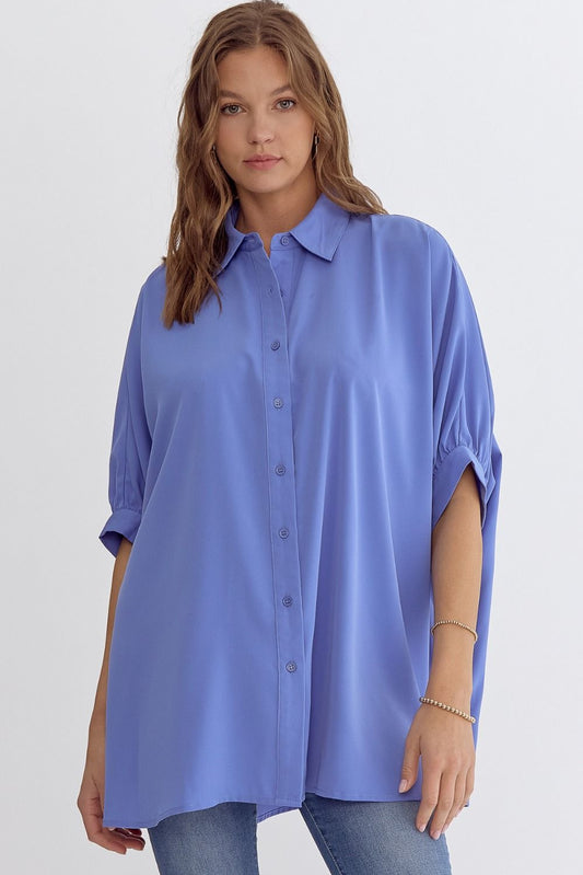 Chambray solid collared dolman sleeve button up top