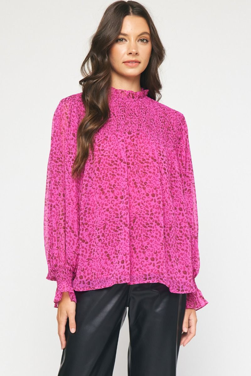 Hot Pink Leopard Mock Neck Blouse