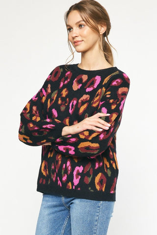 Black multi colored leopard print long sleeve sweater