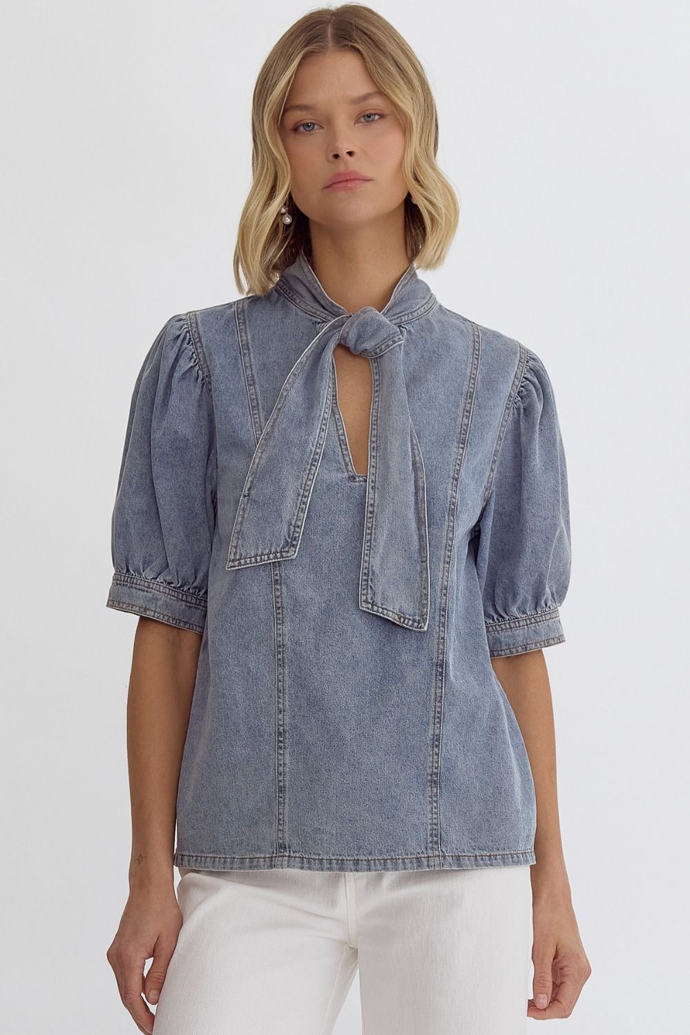 Solid denim mock neck short sleeve top with bow