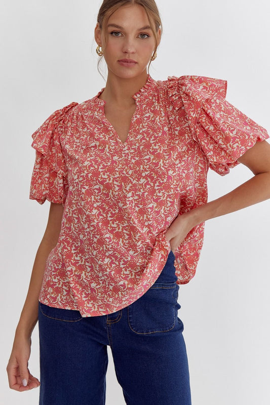 Pink floral v-neck puff sleeve top
