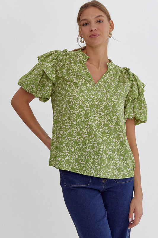 Green floral v-neck puff sleeve top