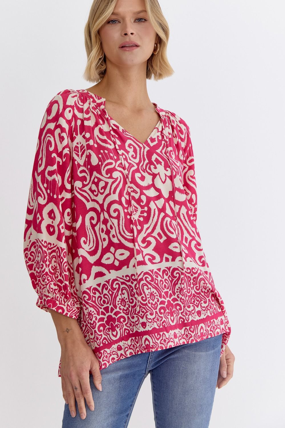 Paisley print v-neck 3/4 sleeve top