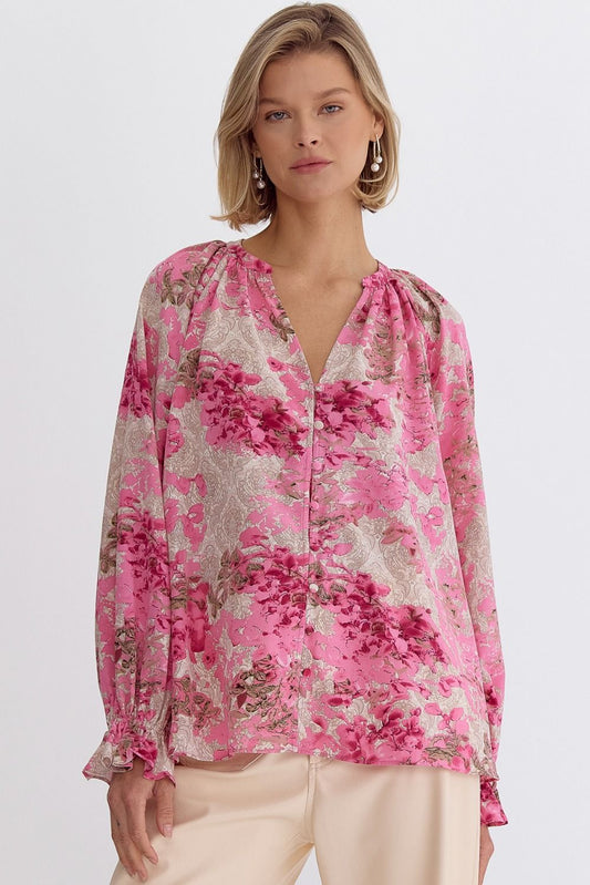 Floral print long sleeve button down top featuring elastic at cuff