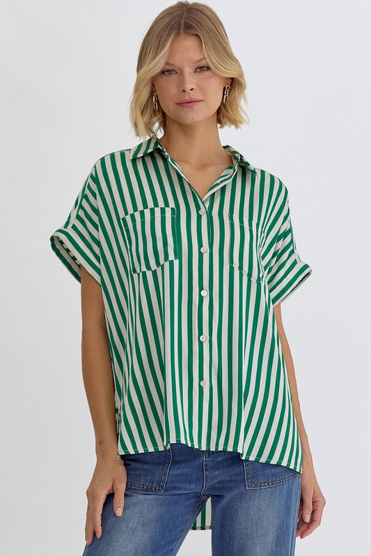 Green & White striped collared button down blouse