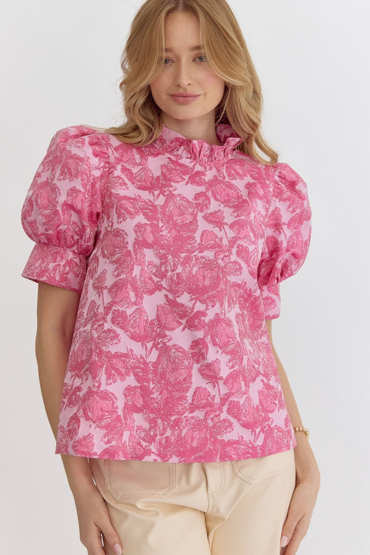 Pink floral jacquard high neck puff sleeve top