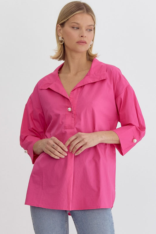 Hot Pink Solid collared 3/4 sleeve top featuring faux pearl button